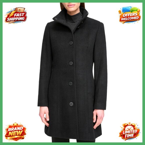 Women's Faux Wool Long Coat Button Front Stand Collar Tailored